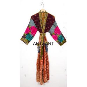 Kimono Largo de Verano para Mujer, Estilo Vintage, Simple, de Seda con Parches, Suave, Transpirable, de Alta Calidad, con Cinturón, Túnica de Sari Reciclado para Damas de Honor - Product Image 2