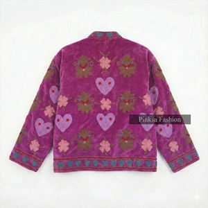 Vintage Ethnic Style Women's <b>Velvet</b> Knitted Cotton Varsity Jacket Hand Embroidered Floral Heart Pattern <b>Quilted</b> Eco-Friendly - Product Image 6