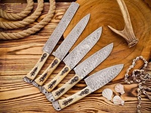 El yapımı şam çelik şef seti deri kılıf ile 5 parça tam mutfak bıçağı seti tam tang mutfak bıçağı seti - Product Image 4