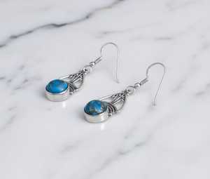 Pendientes Colgantes de Turquesa y Cobre, Plata de Ley, Estilo Tribal Geométrico, Joyería Artesanal Boho - Product Image 5