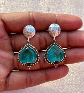 925 <b>Sterling</b> <b>Silver</b> Classic Style Paraiba Tourmaline Crystal Oxidised Hammered <b>Stud</b> <b>Earrings</b> - Product Image 3