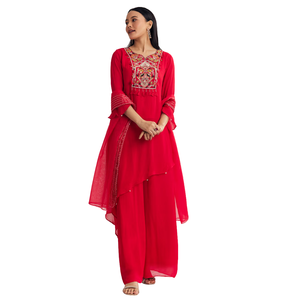 Costume Palazzo Asymétrique Chinon Rouge avec Broderie Vente en Gros Vêtements Ethniques pour Femmes OEM Vêtements Usine Fournisseur Personnalisé - Product Image 4