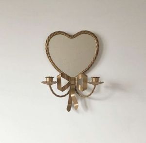 Vintage Heart Mirror Wall Sconce Gold Metal <b>Bow</b> Design with Dual Candle <b>Holders</b> - Product Image 1
