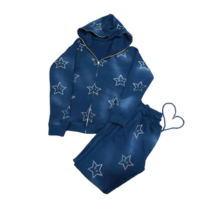 Conjunto de Ropa Deportiva Urbana con Lavado Ácido Desgastado y Pedrería, Trajes Deportivos Vintage Personalizados con Lavado Ácido, Pantalones Deportivos y Sudadera con Capucha - Product Image 1