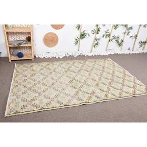 Classic Vintage <b>Turkish</b> <b>Rug</b> Yellow Blue Floral Large Area 4.8 X 7.5 ft Wool Latex for Living Room Hallway Contemporary Style - Product Image 2