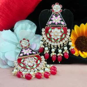 Meenakari Fusion And Kundan <b>Earrings</b> for Girls <b>Pearls</b> Hanging Hand Painted Enamel Work Traditional Artistry Contemporary Flair - Product Image 1