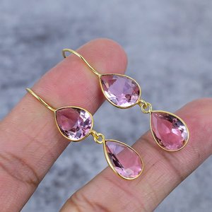 Rose Kunzite poire forme pierre précieuse 925 argent Sterling plaqué or fil boucle d'oreille pour les femmes demoiselle d'honneur élégant boucle d'oreille cadeau pour elle - Product Image 1