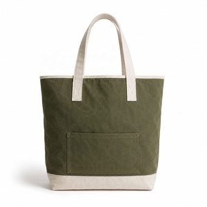 MORGANS INDUSTRIES Olive Green <b>Canvas</b> <b>Tote</b> Bag Cream Trim Zipper Closure Front Pocket Minimalist Style All Seasons Daily Use - Product Image 1