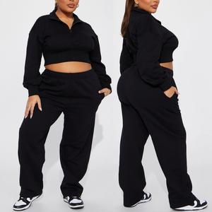 Ensemble deux pièces décontracté et élégant pour femme en coton 100 % tricoté au crochet, avec veste cardigan à double fermeture éclair et pantalon droit ample longueur totale - Product Image 6