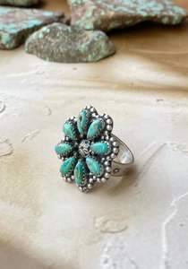 Handmade Turquoise and <b>Sterling</b> <b>Silver</b> <b>Adjustable</b> Flower <b>Ring</b> Boho Jewelry - Product Image 2