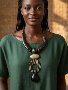 Handmade Buffalo Horn Statement <b>Necklace</b> - Tribal <b>Boho</b> Large Pendant with Striped Open Circle Natural Black Brown Horn Beads - Product Image 2