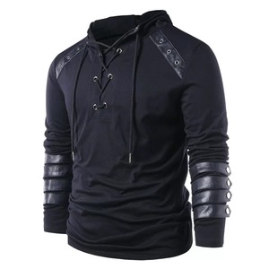 Sweat à capuche d'hiver pour homme avec cordon de serrage en cuir vintage patchwork haut chemisier à manches longues - Product Image 2