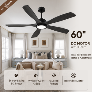 60 Inch Black Solid Wood <b>Ceiling</b> <b>Fan</b> <b>with</b> Light and <b>Remote</b> <b>Control</b> for Bedroom, Modern <b>Ceiling</b> <b>Fan</b>, Reversible DC Motor - Product Image 1