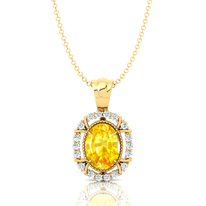 Collier à pendentif de style Halo en forme de saphir jaune naturel de forme ovale orné de vrais diamants en or massif 18 carats - Product Image 2