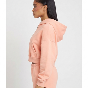 Sudadera con capucha corta de algodón rosa para mujer, con logo personalizado, hombros caídos y corte holgado, de fabricante OEM, gran oferta - Product Image 2