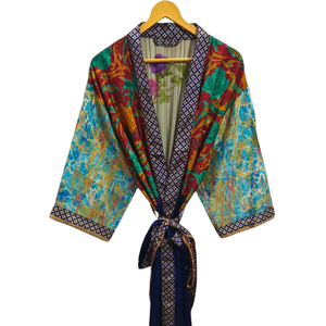 ชุดกิโมโนผ้าไหมส่าหรีลายดอกไม้แนววินเทจชุดคลุมส่าหรีชุดปาร์ตี้ชายหาดผ้านุ่มทำมือสไตล์อินเดีย - Product Image 1