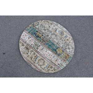 Tapis turc vintage 3 pieds x 3 pieds beige et vert, tissage plat en laine, éco-responsable, patchwork, avec support en latex pour la décoration de la salle à manger - Product Image 4