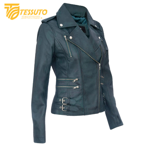 Chaqueta de motorista de cuero real para mujer, piel de oveja de anilina con cremallera, forro de viscosa acolchado rojo, bolsillos exteriores interiores - Product Image 2