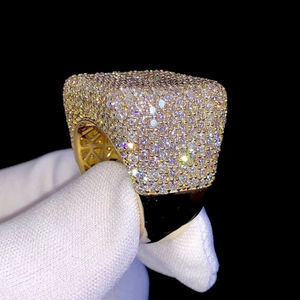 925 Sterling Silver Gold Plated Square <b>Iced</b> Out Moissanite Claw Setting Women's <b>Ring</b> Luxury Hip Hop Jewelry - Product Image 1