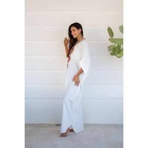 <b>Women</b> White Embroidered Eco-Friendly Natural Floor-Length Kaftan <b>Maxi</b> <b>Dress</b> Boho Loose Fit Summer Beach Resort Wear - Product Image 3