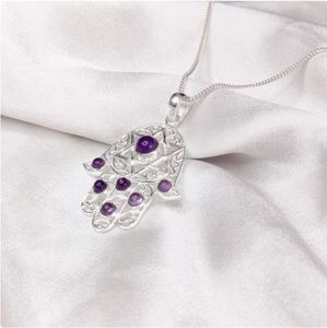 Colgante de mano de Fátima, Plata de Ley 925 con piedras preciosas de amatista, colgantes o dijes de joyería de moda estilo hip-hop hechos a mano - Product Image 2