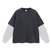 T-shirt à manches longues surdimensionné pour homme, personnalisable, effet délavé, manches double gaufré, style vintage usé, en polyester/coton double couche