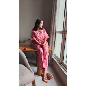 Ensemble pyjama 2 pièces d'été pour femme Lobster Love, manches courtes, tissé doux, taille élastique avec cordon de serrage, respirant, motif nœud, cœur, cerise, ODM - Product Image 2