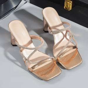 Nouvelles sandales classiques à bout carré et talon fin, style féerique, avec cristaux et strass, chaussures pour femmes et talons hauts tendance - Product Image 6