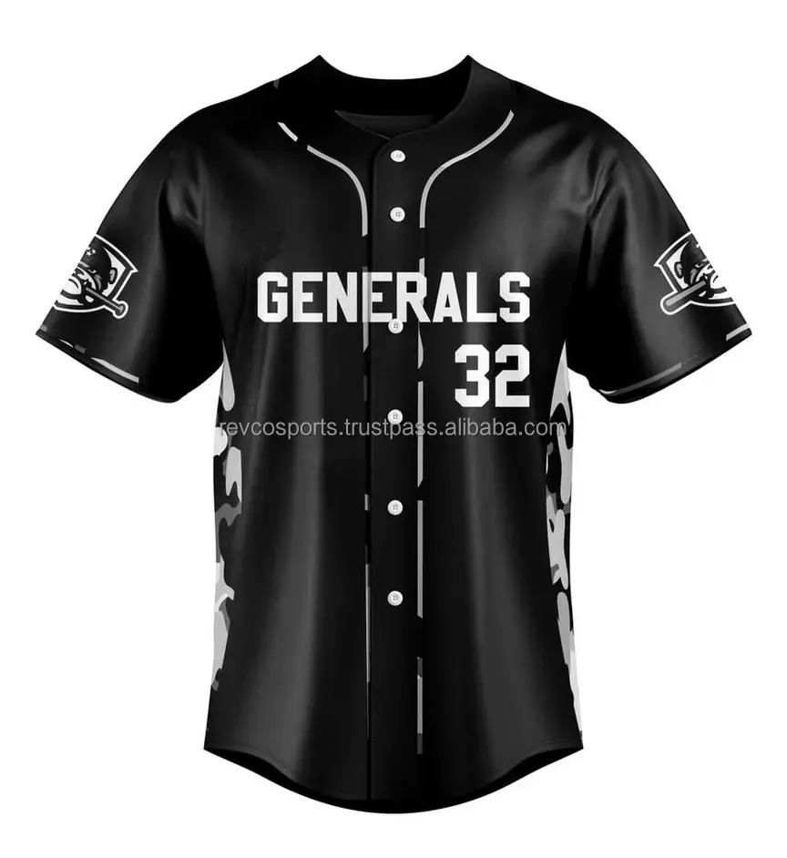 Camisetas de béisbol impresas sublimadas con nombre y logotipo de equipo personalizados, camisetas de béisbol con botones completos en negro y blanco