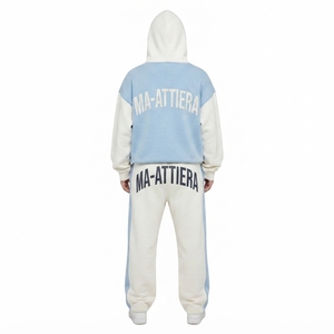 Conjunto Deportivo Ma-Attiera para Mujer, Sudadera con Bloques de Color, Estampado de Letras en Blanco y Azul, Corte Holgado Informal, Dos Piezas - Product Image 4