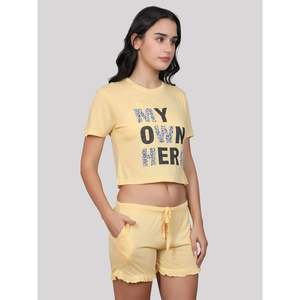 Conjunto de Pantalones Cortos Evolve para Mujer, Súper Suaves y Cómodos, 100% Algodón, con Camiseta de Cuello Redondo y Manga Corta, Bolsillos, Tela Jersey, Amarillo - Product Image 2