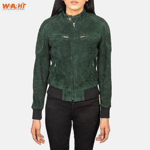 Veste de bombardier en cuir suédé véritable pour femmes, coupe ajustée, vert, doux, chaud, manteau d'hiver, décontracté, fermeture à glissière, solide, teint en plaine. - Product Image 1