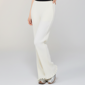 Pantalons décontractés pour femmes en gros, hiver, écologiques, respirants, en tricot côtelé, jambes larges, ourlet en feuille de laitue, coupe décontractée, taille élastique - Product Image 1