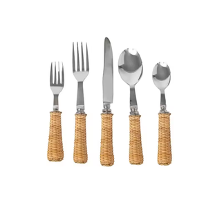 Cuchara de acero inoxidable con mango de ratán natural, utensilio para ensalada, tenedor y cuchara, juego de cubiertos, superventas - Product Image 1