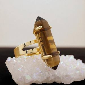 Double Pointed Healing Smoky Quartz Gemstone <b>Rings</b>- Long Stone Gold Plated Women <b>Ring</b> - 925 Silver <b>Crystal</b> <b>Ring</b> Jewelry - Product Image 1