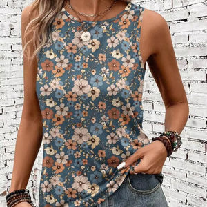 Trendy 2025 Floral Tank for Women Round Neck <b>Sleeveless</b> Style Slim Fit Perfect for Summer Fashion - Product Image 1