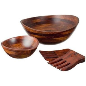 Ensemble de bols à salade en bois écologiques finis cerisier à bord ondulé, avec 2 poignées, au prix le plus bas - Product Image 1