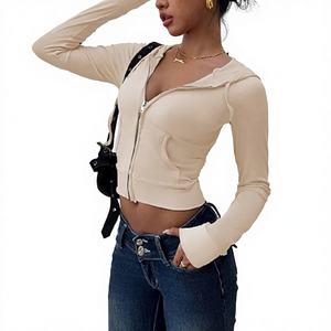 Sudadera con capucha corta Y2K para mujer, de punto acanalado, con cremallera, estilo informal, para otoño, ajustada, de manga larga, con bolsillos. - Product Image 1