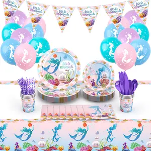 Mermaid Party Disposable Tableware Set Summer Under The Sea Little Mermaid Kids Girls 1st Birthday Decoration Props Baby Shower