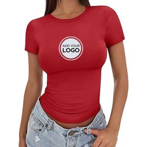 Tops de verano de algodón peinado para mujer, camisetas de manga corta con cuello redondo, Camisetas básicas holgadas de punto compacto, camiseta - Product Image 6