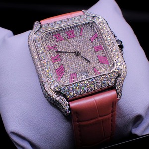 นาฬิกาหรูหราอัตโนมัติประดับเพชรโมอิสซาไนต์ สายหนังสีชมพู ดีไซน์ครึ่งฝังเพชร ทรงเหลี่ยม ควอตซ์ ราคาดีที่สุด - Product Image 2