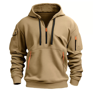 Sudadera con capucha deportiva informal de lana sólida para hombre con cremallera de cuarto y múltiples bolsillos para deportes de invierno - Product Image 3
