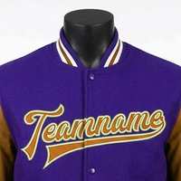 Veste universitaire violette sur mesure pour hommes, style vintage, avec manches en cuir, broderie chenille, veste bomber de baseball