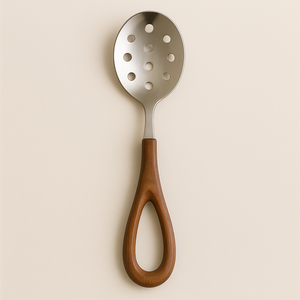 Cuillère à fente moderne en acier inoxydable de qualité supérieure Ustensile de cuisine ergonomique à manche en bois pour la cuisine et les fêtes - Product Image 5