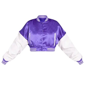 2023 chaqueta bomber de satén recortada para mujer, ropa de calle de béisbol universitaria personalizada, forro de lana teñido, temporada de invierno, botón al por mayor - Product Image 1