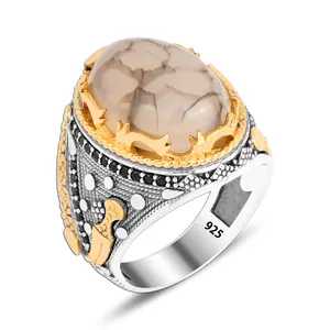 Aqeeq Signet แหวนเงิน925สำหรับผู้ชาย,แหวนแฟชั่นสไตล์ตุรกีของขวัญสำหรับผู้ชายแหวนผู้ชายชาติพันธุ์ดั้งเดิม