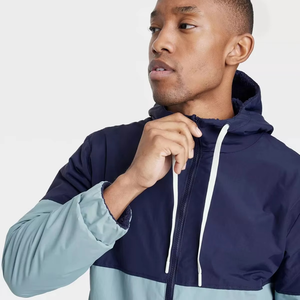 Men's Color Block Hooded Puffer <b>Jacket</b> Windproof Zipper Closure Casual Autumn Wear Light Blue Navy Polyester <b>Fleece</b> <b>Lining</b> - Product Image 2