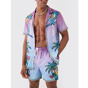 Conjunto de Camiseta y Pantalones Cortos Deportivos Casuales de Verano de Alta Calidad, Cuello en V, Manga Corta, Estampado de Palmeras, Satén, Poliéster y Nailon para Hombre - Product Image 4