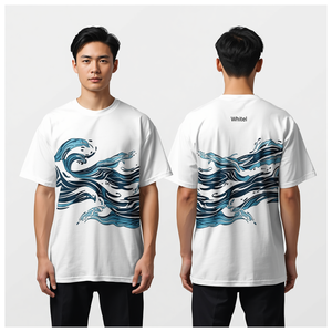 Camiseta Blanca para Hombre con Estampado DTF, Diseño Gráfico de Ondas Digitales, Estilo Casual Oversize, Moda Urbana - Product Image 1