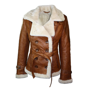 Veste en cuir de mouton véritable pour femme, double boutonnage, style aviateur, avec doublure chaude en fourrure Sherpa - Product Image 1